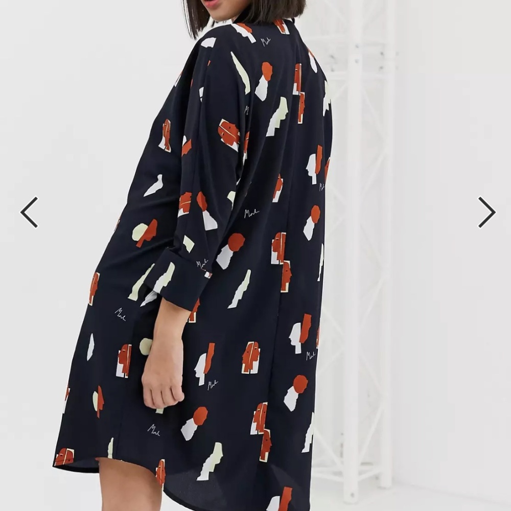 Monki Oversized Collar Button Up Shirtdress with Faces in Navy Size XS - Picture 8 of 9